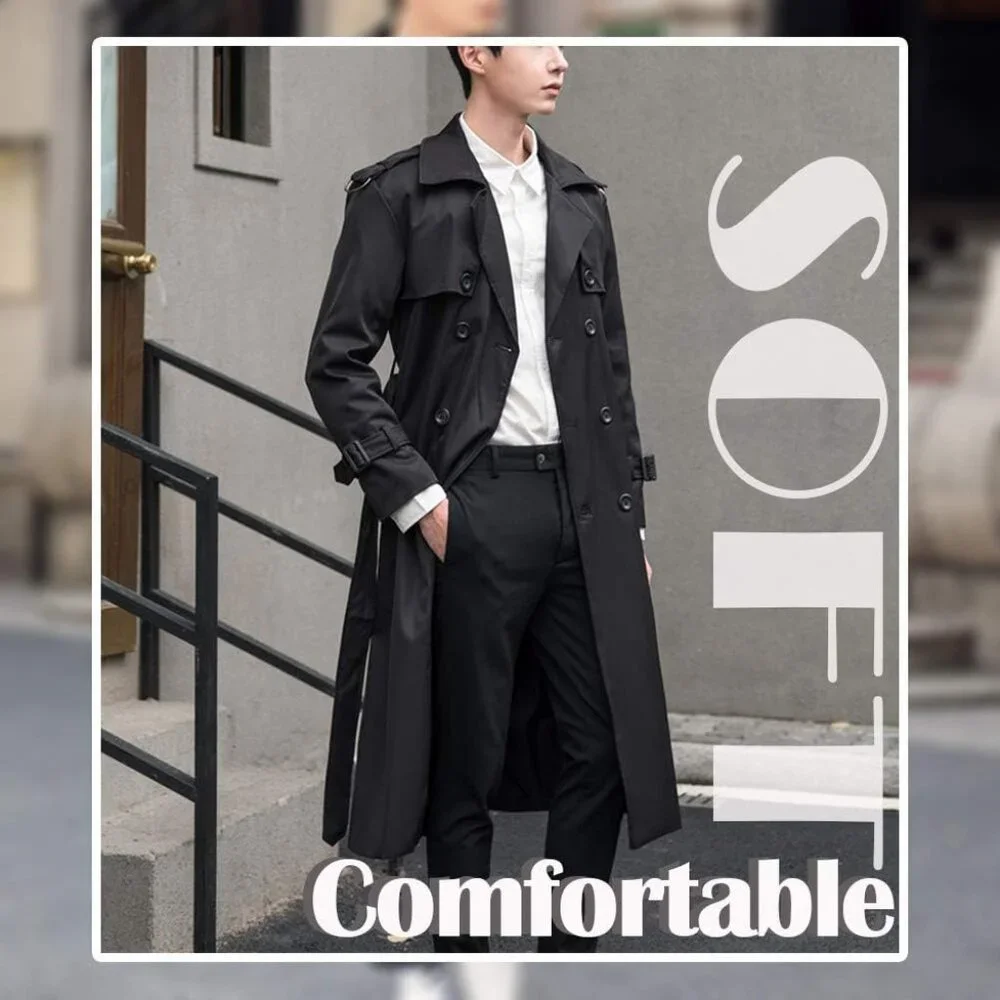 💫 Men Black Long Trench Coat Oversized Casual windbreaker Double Breasted Coat - Picture 4 of 7